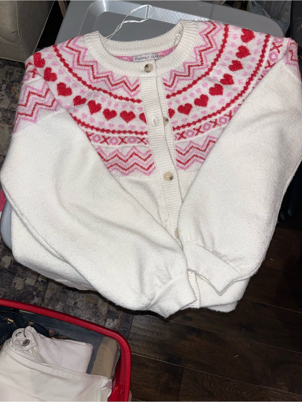 J. Crew Cream Cardigan with Pink & Red Heart Yoke